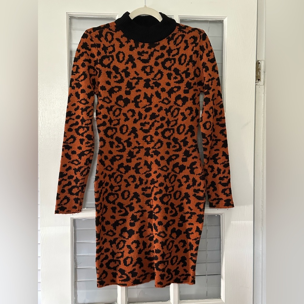 Derek Heart Women’s M Cheetah Print High Neck Knit Sweater Dress | SKU 0745